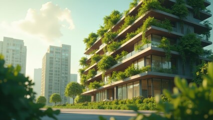Obraz premium Eco-friendly office building with vertical gardens, solar panels, and rainwater harvesting systems, emphasizing sustainable building practices.