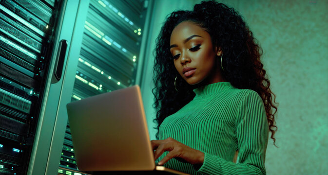 Beautiful african american woman working with laptop in server room. Young tech engineer networking with computer in modern data center. Female indoor computing with confidence internet connection.