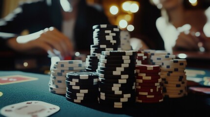 Naklejka premium Casino chips stacked high during a poker game with players betting