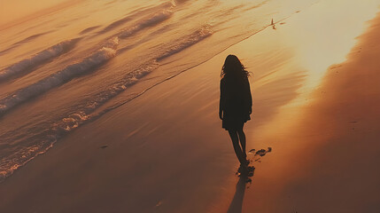 Serene Morning Stroll: A Woman Embraces the Tranquility of the Seaside at Dawn