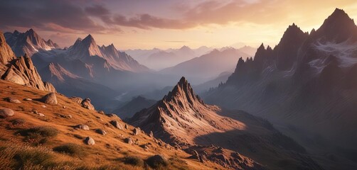 Naklejka premium Dramatic mountain peaks with rugged terrain and misty valleys at sunset, granite, rocky, mist