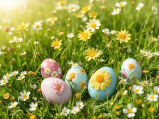 Fototapeta premium Decorated Easter eggs in a spring meadow with flowers and sunshine, vibrant, colorful