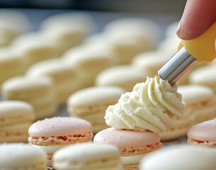 A skilled baker piped creamy filling between pastel macarons in a sunny kitchen space