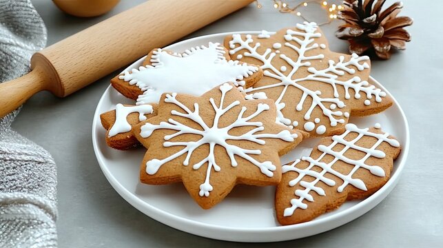 Delicious gingerbread cookies are beautifully decorated with white icing, placed next to a wooden rolling pin and festive decorations, enhancing the cozy ambiance of the holiday season