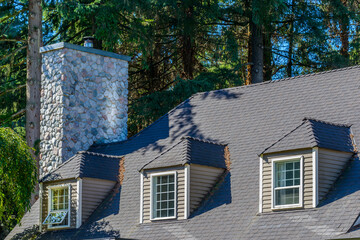 Top of grey stucco luxury house with shingle roof, red and yellow trees and nice windows in Summer in Vancouver, Canada, North America. Day time on June 2024.