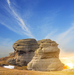closeup rocky cliff  at the dramatic sunset