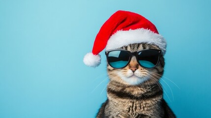 Cool cat wearing sunglasses and christmas hat posing on blue background