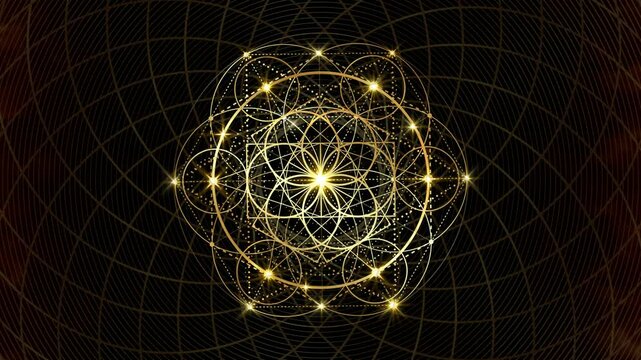 Video animation Flower of Life. Gold Sacred geometry. Loop footage of Mystic icon, luxury mandala, geometric drawing, crop circles, shiny special effects black galaxy background