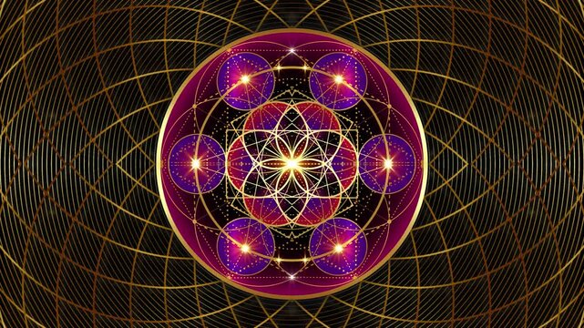 Video animation kaleidoscope Metatron's Cube, Flower of Life. Golden Sacred geometry, graphic geometric torus, black background. Mystic gold icon platonic solids, abstract geometric, crop circle