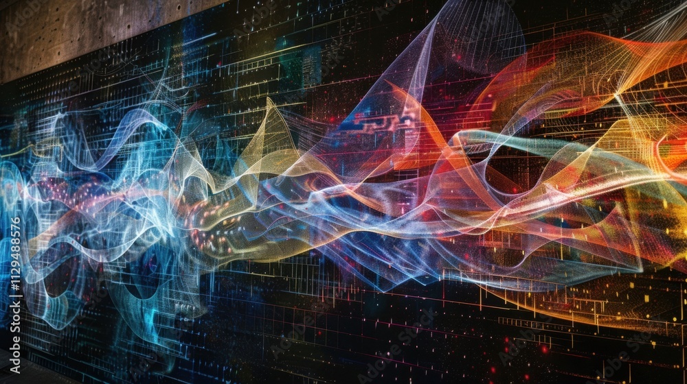 Poster colorful abstract waves flowing across a digital background, symbolizing the movement and processing