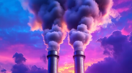 Obraz premium Two Industrial Smokestacks and Sunset Sky - Pollution, industry, environment, climate change, energy. A dramatic image symbolizing the impact of industrial emissions on the atmosphere.