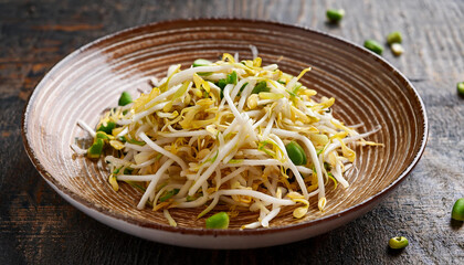 Stir-fried bean sprouts. Tasty Asian food. Delicious dish. Cooking and culinary concept.