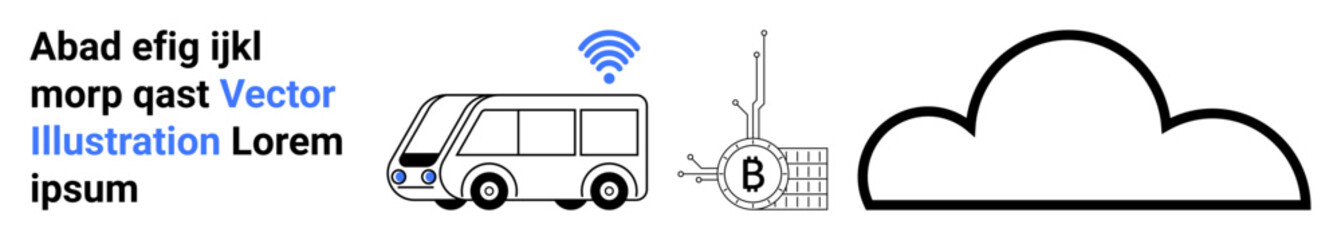 Autonomous bus with wireless signal, blockchain technology symbol, and cloud computing icon. Ideal for smart cities, IoT, connected vehicles, public transportation, blockchain integration, urban