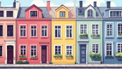 A row of colorful, charming houses with vibrant facades and window boxes, showcasing a cheerful urban landscape.