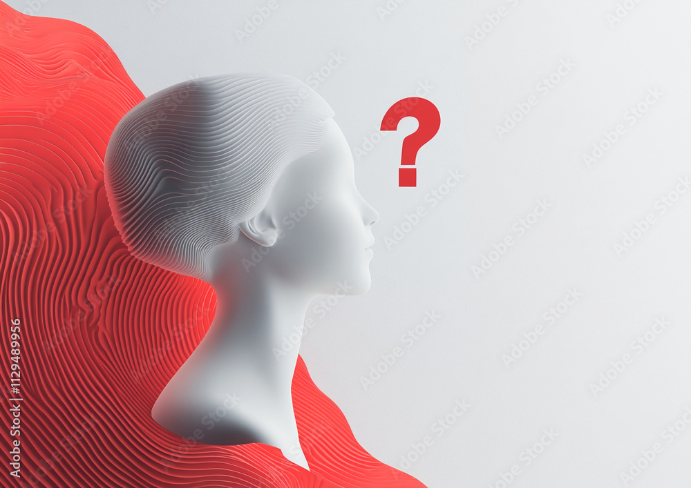 Poster Silhouette of a head against a red wave background with a question mark symbolizing uncertainty in creativity