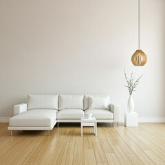 minimalist living room dominated by a white sectional sofa with a chaise lounge, accented by a grey throw and cream-colored pillow