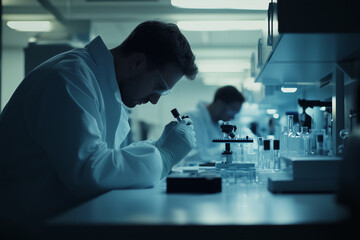 Scientists calibrate measurement equipment for precise analysis in laboratory environment during evening hours