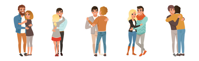 Fototapeta premium Happy People Character Hug and Embrace Feel Warmth Vector Set