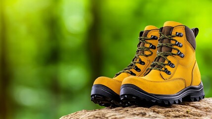 Yellow hiking boots resting on a log against a blurred green forest background, perfect for adventures.