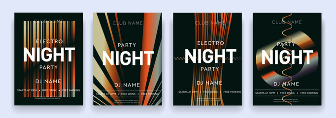 Music 3D Posters. Set Graphic Design Elements with for Dance Parties, Discos, Club Invitations, Festival. Background Gradient Retro Patterns for Wave Electro Sound. Vector Illustration.  