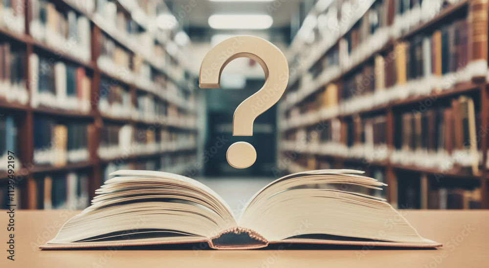 Aufkleber Open book with question mark in a library filled with shelves of books, inviting curiosity and exploration