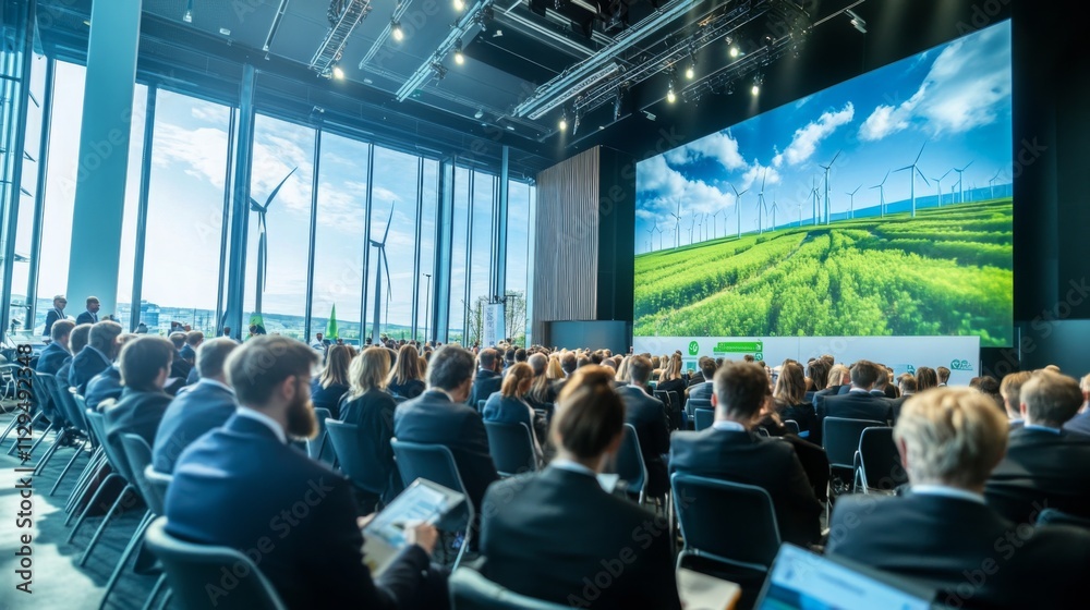 Poster attendees gather in a modern conference hall to discuss ai applications in sustainable finance. the 