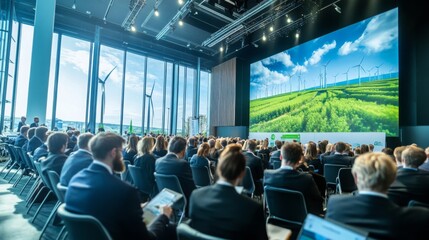 Attendees gather in a modern conference hall to discuss AI applications in sustainable finance. The backdrop features wind turbines against a bright sky, symbolizing renewable energy.