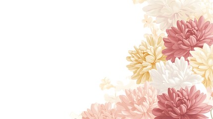 A border of pastel pink, white, and yellow chrysanthemums on an isolated background with lots of negative space around the edges