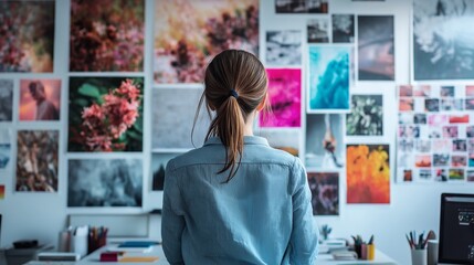 creative director reviewing a bold advertising campaign in a sleek office