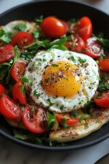 Sunny-side-up egg with fresh cherry tomatoes, arugula, and herbs on toast. Perfect brunch or breakfast recipe idea, showcasing vibrant, fresh ingredients for a healthy and gourmet presentation