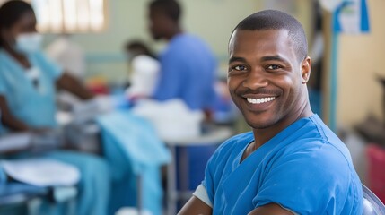 Fototapeta premium donor smiling as a healthcare worker efficiently manages the process