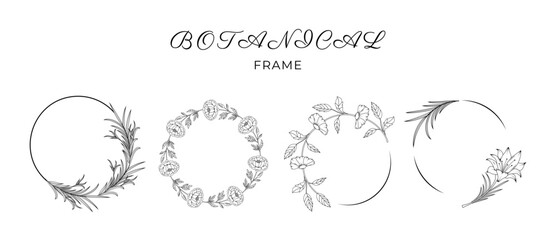 Collection of hand drawn frame with flowers. Minimalistic Herbal Botanical set of border. Single line art and clip art. Silhouette. Elements. Floral vintage sketch. Cut out. Elegance wedding template