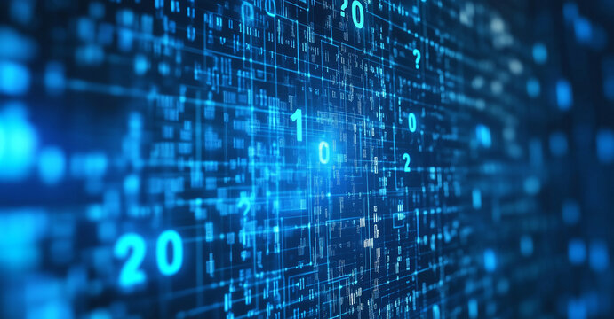 Digital binary code streams across a futuristic background with glowing elements created for technological themes