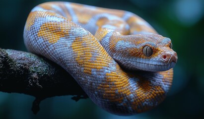 Fototapeta premium AI generator image of snake in the tree, Snake coiled up on a branch.snake’s bright yellow scales with black edging shimmer slightly in the dappled sunlight filtering through the leaves.