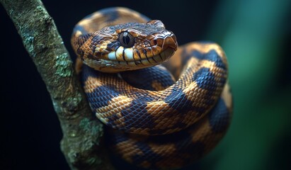 Obraz premium AI generator image of snake in the tree, Snake coiled up on a branch.snake’s bright yellow scales with black edging shimmer slightly in the dappled sunlight filtering through the leaves.