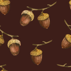 Acorns on a branch, hand-painted with brown and yellow watercolor. Watercolor seamless pattern. Suitable for printing on fabric, for home textiles, stationery and wallpaper for a child's room © guliy_art