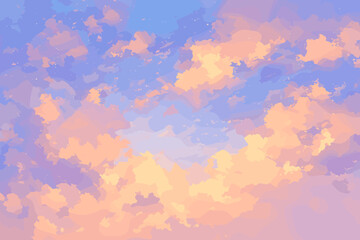 Sky with clouds and a blue background. The sky is filled with clouds and the colors are orange and blue flat vector illustration
