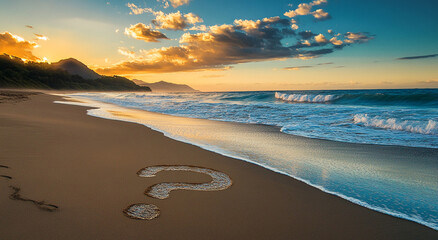 Questions written in sand on a serene beach at sunset with gentle waves rolling in