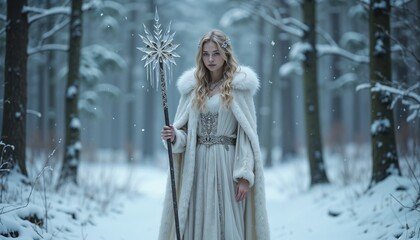 Young woman dressed as a snow queen in a powerful mood holding a magical staff in a snowy forest