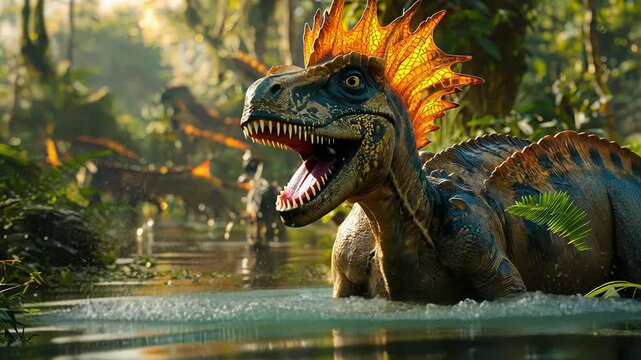 A Parasaurolophus explores a lush swamp, navigating through shallow waters and dense foliage.