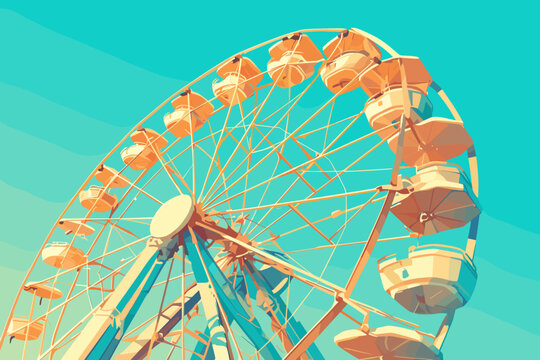 Large, yellow and blue merry go round. The wheel is in the center of the image flat vector illustration