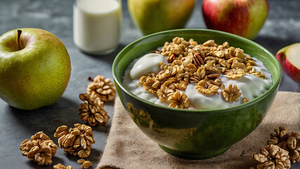 Pear and apple splashing into a green bowl with oatmeal, yogurt, and milk, showcasing a healthy vegan breakfast with cornflakes, granola, and muesli for a nutritious fiber and energy-packed meal.