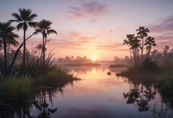 Obraz premium Evocative watercolor illustration of the everglades at dawn with soft blending of colors, tranquil scene, soft colors, misty dawn, artistic representation, subtle hues