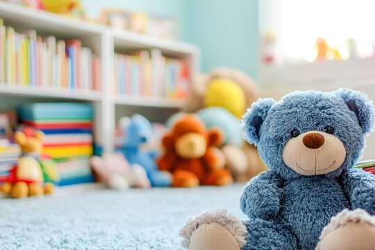 Cozy children's playroom with plush blue teddy bear and colorful toys