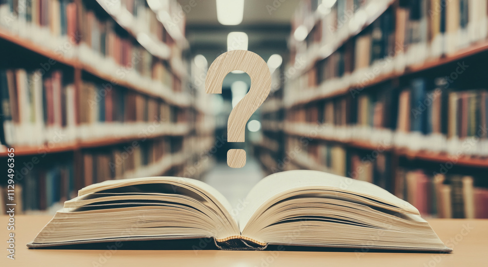 Poster open book with question mark in a library filled with shelves of books during daylight