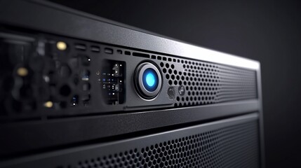 Obraz premium Close-up of a black server with a glowing blue power button.