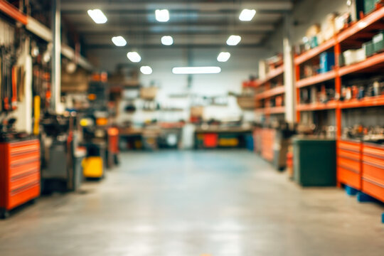 Blurred industrial workshop with shelves and tools in warehouse