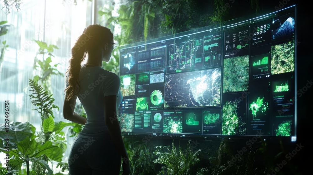 Leinwandbilder A person stands in a lush, green space, analyzing data on a high-tech screen. The visuals highlight sustainable finance metrics, showcasing the integration of technology and environmental awareness.