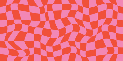 Twisted checkered colorful background. Retro wavy psychedelic checkerboard