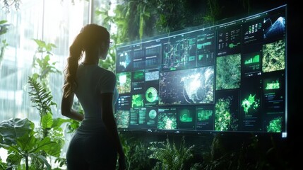 A person stands in a lush, green space, analyzing data on a high-tech screen. The visuals highlight sustainable finance metrics, showcasing the integration of technology and environmental awareness.